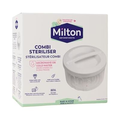 Milton Combinatie-sterilisator voor magnetron of koud water, wit, geschikt voor vijf flessen met brede hals van elk merk Milton Combinatie-sterilisator voor magnetron of koud water, wit, geschikt voor vijf flessen met brede hals van elk merk