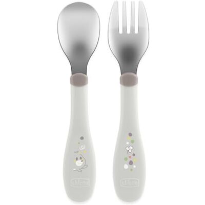 Chicco Bestek van roestvrij staal, kinderbestek, gekookte set, vork en lepel voor kinderen, van roestvrij staal, gemakkelijk te dragen, eerste buff, 2-delig, 18 M, grijs Chicco Bestek van roestvrij staal, kinderbestek, gekookte set, vork en lepel voor kinderen, van roestvrij staal, gemakkelijk te dragen, eerste buff, 2-delig, 18 M, grijs