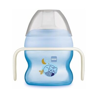 MAM Leerbeker vanaf 4 maanden, 150 ml, asymmetrische schenktuit van siliconen, gemakkelijk aanvaardbaar, met handgrepen die oplichten in het donker, blauw, 1 stuk MAM Leerbeker vanaf 4 maanden, 150 ml, asymmetrische schenktuit van siliconen, gemakkelijk aanvaardbaar, met handgrepen die oplichten in het donker, blauw, 1 stuk