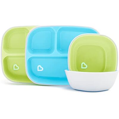 Munchkin Splash bord met 3 vakken en kom, blauw/groen, 4-delig Munchkin Splash bord met 3 vakken en kom, blauw/groen, 4-delig