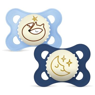 MAM Originele nachtfopspeen 2-6 maanden (2 stuks), fopspeen 2-6 maanden, gloeit in het donker met siliconen speen, set van 2 babyaccessoires met sterilisator fopspeenhouder, lichtblauw MAM Originele nachtfopspeen 2-6 maanden (2 stuks), fopspeen 2-6 maanden, gloeit in het donker met siliconen speen, set van 2 babyaccessoires met sterilisator fopspeenhouder, lichtblauw