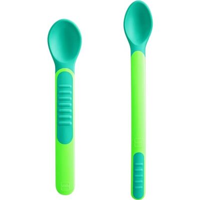 MAM Heat Sensitive Spoons & Cover, Bestek, kleurverandering, met warmte, groen MAM Heat Sensitive Spoons & Cover, Bestek, kleurverandering, met warmte, groen