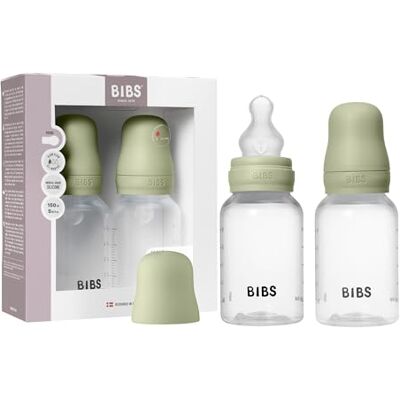 Bibs Set van 2 flessen met een inhoud van 150 ml met siliconen fopspeen anti-koliekfunctie, BPA-vrij, ronde speen, langzame doorstroming, geschikt voor pasgeborenen salie Bibs Set van 2 flessen met een inhoud van 150 ml met siliconen fopspeen anti-koliekfunctie, BPA-vrij, ronde speen, langzame doorstroming, geschikt voor pasgeborenen salie