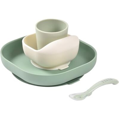 Béaba , Siliconen serviesset voor baby's, met zuignap, antislip, 4-delig, bord + kom + glas + lepel, gezonde en duurzame siliconen, vaatwasmachinebestendig, magnetron, saliegroen Béaba , Siliconen serviesset voor baby's, met zuignap, antislip, 4-delig, bord + kom + glas + lepel, gezonde en duurzame siliconen, vaatwasmachinebestendig, magnetron, saliegroen