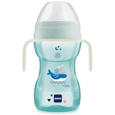 MAM Leerbeker vanaf 8 maanden, voor de overgang naar de normale beker, harde uitloop met afneembaar lekvrij ventiel, met handgrepen die oplichten in het donker, blauw, 1 stuk MAM Leerbeker vanaf 8 maanden, voor de overgang naar de normale beker, harde uitloop met afneembaar lekvrij ventiel, met handgrepen die oplichten in het donker, blauw, 1 stuk