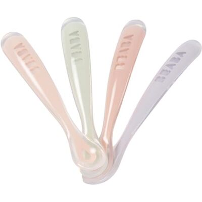 Béaba , 4 stuks siliconen lepels voor baby's en kinderen, voor 1e leeftijd, vanaf 4 maanden, zacht, afgeronde punt, lange en ergonomische handgreep, eenvoudige grip, blauw/roze/grijs/eucalyptus Béaba , 4 stuks siliconen lepels voor baby's en kinderen, voor 1e leeftijd, vanaf 4 maanden, zacht, afgeronde punt, lange en ergonomische handgreep, eenvoudige grip, blauw/roze/grijs/eucalyptus