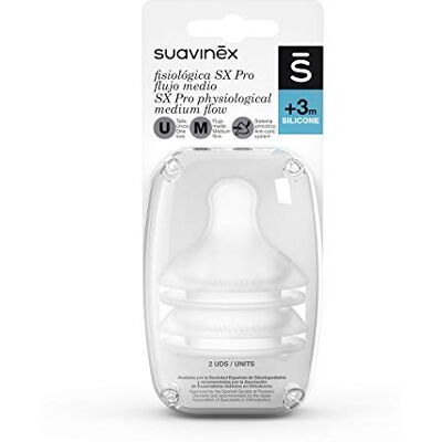 Suavinex , Set van 2 symmetrische spenen SX Pro van siliconen, speen medium debiet (M), 3 maanden, fopspeen met anti-koliek ventiel, respecteert de mondontwikkeling, transparant Suavinex , Set van 2 symmetrische spenen SX Pro van siliconen, speen medium debiet (M), 3 maanden, fopspeen met anti-koliek ventiel, respecteert de mondontwikkeling, transparant