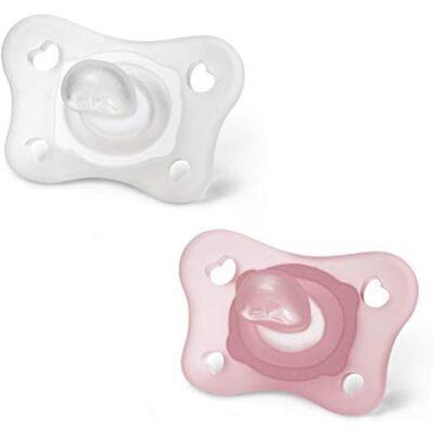 Chicco Siliconen fopspeen voor 0-2 maanden, 2 stuks, rubberen set 0-2 maanden, ondersteunt de fysieke ademhaling en bevordert de goede ontwikkeling van de mond, roze Chicco Siliconen fopspeen voor 0-2 maanden, 2 stuks, rubberen set 0-2 maanden, ondersteunt de fysieke ademhaling en bevordert de goede ontwikkeling van de mond, roze