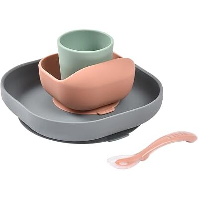 Béaba , Serviesset van siliconen voor baby's, met zuignap, antislip, 4-delig, bord + kom + glas + lepel, gezonde en duurzame siliconen, vaatwasmachinebestendig, magnetron, mineraal Béaba , Serviesset van siliconen voor baby's, met zuignap, antislip, 4-delig, bord + kom + glas + lepel, gezonde en duurzame siliconen, vaatwasmachinebestendig, magnetron, mineraal