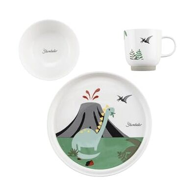 Sterntaler Dino Rexi porseleinen serviesset met antislip en afneembare siliconen sokkel, servies voor baby's en kinderen met bord, 400 ml kom en 200 ml beker, wit Sterntaler Dino Rexi porseleinen serviesset met antislip en afneembare siliconen sokkel, servies voor baby's en kinderen met bord, 400 ml kom en 200 ml beker, wit