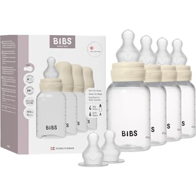 Bibs Set van 4 flessen met een inhoud van 150 ml met siliconen fopspeen anti-koliekfunctie, BPA-vrij, ronde speen, langzame doorstroming, geschikt voor pasgeborenen (4 + 2 fopspenen) ivoor Bibs Set van 4 flessen met een inhoud van 150 ml met siliconen fopspeen anti-koliekfunctie, BPA-vrij, ronde speen, langzame doorstroming, geschikt voor pasgeborenen (4 + 2 fopspenen) ivoor