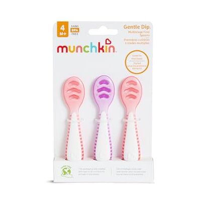 Munchkin Gentle Dip Multistage Lepel, leerlepels voor baby's van 4 maanden, ideaal voor zelfstandig leren voeden, ergonomisch design, roze en paars, 3 stuks Munchkin Gentle Dip Multistage Lepel, leerlepels voor baby's van 4 maanden, ideaal voor zelfstandig leren voeden, ergonomisch design, roze en paars, 3 stuks