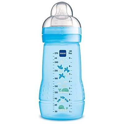 MAM Babyfles, 2-4 maanden, 270 ml, met zuiger 2 met gemiddelde doorstroming van siliconen, gemakkelijk vast te houden, gemakkelijk te reinigen, Easy Active, glanzend blauw, 1 stuk MAM Babyfles, 2-4 maanden, 270 ml, met zuiger 2 met gemiddelde doorstroming van siliconen, gemakkelijk vast te houden, gemakkelijk te reinigen, Easy Active, glanzend blauw, 1 stuk