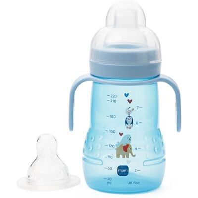 MAM Trainer+ FBT102B 2-in-1 trainingsfles voor eenvoudige overgang, blauw MAM Trainer+ FBT102B 2-in-1 trainingsfles voor eenvoudige overgang, blauw