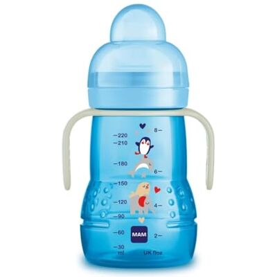 MAM Night trainingsbeker, met druppelvrije Skinsoft siliconen speen, gemakkelijk vast te pakken, met handgrepen die oplichten in het donker, 4 maanden, 220 ml, lichtblauw MAM Night trainingsbeker, met druppelvrije Skinsoft siliconen speen, gemakkelijk vast te pakken, met handgrepen die oplichten in het donker, 4 maanden, 220 ml, lichtblauw