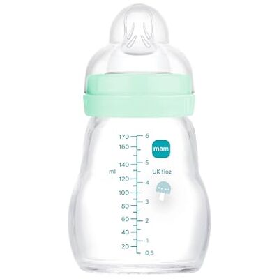 MAM 1 x glazen babyfles voor pasgeborenen, 0-2 maanden, 170 ml, met speen 1 langzaam debiet van siliconen, gemakkelijk te reinigen, Feel Good, blauw MAM 1 x glazen babyfles voor pasgeborenen, 0-2 maanden, 170 ml, met speen 1 langzaam debiet van siliconen, gemakkelijk te reinigen, Feel Good, blauw