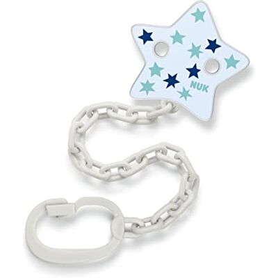 NUK Fopspeenclip met clip voor fopspeen met ring stabiel en onbreekbaar blauwe sterren NUK Fopspeenclip met clip voor fopspeen met ring stabiel en onbreekbaar blauwe sterren