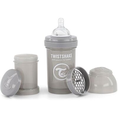Twistshake 78254 Anti-koliek fles 180ml met mixer en doseerdoosje, Pastelgrijs Twistshake 78254 Anti-koliek fles 180ml met mixer en doseerdoosje, Pastelgrijs