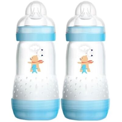 MAM Easy Start A137 gepatenteerde anti-koliek fles met zuiger van ultrazachte SkinsoftTM siliconen voor baby's vanaf 2 maanden, 2 eenheden, zelfsterilisatie in 3 minuten, blauw, 260 ml MAM Easy Start A137 gepatenteerde anti-koliek fles met zuiger van ultrazachte SkinsoftTM siliconen voor baby's vanaf 2 maanden, 2 eenheden, zelfsterilisatie in 3 minuten, blauw, 260 ml