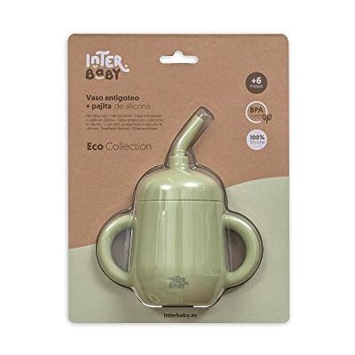 Interbaby Drinkglas met rietje van siliconen, druppelvrij, olijfgroen Interbaby Drinkglas met rietje van siliconen, druppelvrij, olijfgroen