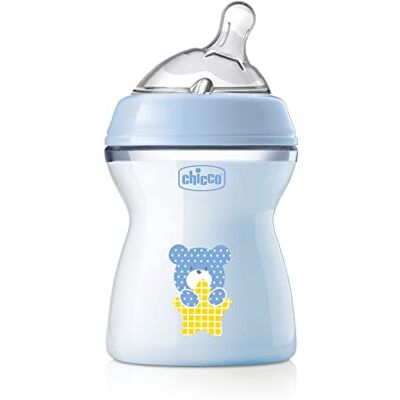 Chicco Natural Feeling Anti-koliek-fles 2 m plus 250 ml, fles met speen van siliconen, gemiddelde stroom, blauw Chicco Natural Feeling Anti-koliek-fles 2 m plus 250 ml, fles met speen van siliconen, gemiddelde stroom, blauw