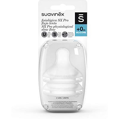 Suavinex , Set van 2 symmetrische spenen SX Pro van siliconen, langzame doorstroming (S), +0 maanden, voor pasgeborenen, fopspeen met anti-koliek ventiel, respecteert de mondontwikkeling, transparant Suavinex , Set van 2 symmetrische spenen SX Pro van siliconen, langzame doorstroming (S), +0 maanden, voor pasgeborenen, fopspeen met anti-koliek ventiel, respecteert de mondontwikkeling, transparant