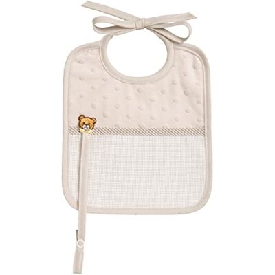 FILET Babyslabbetje beige van stof met 3D-stippeneffect fopspeenhouder en canvas tas Aida om te borduren Afmetingen: 20 x 18 cm Made in Italy FILET Babyslabbetje beige van stof met 3D-stippeneffect fopspeenhouder en canvas tas Aida om te borduren Afmetingen: 20 x 18 cm Made in Italy