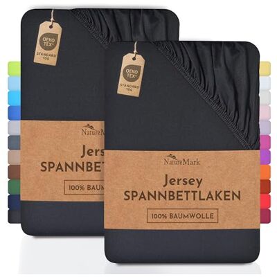 NatureMark Set van 2 hoeslakens, jersey katoenen hoeslakens, Öko-Tex Standaard 100, voor vertrouwen in textiel, katoen, zwart, set van 2, afmetingen 140 x 200 cm, 160 x 200 cm NatureMark Set van 2 hoeslakens, jersey katoenen hoeslakens, Öko-Tex Standaard 100, voor vertrouwen in textiel, katoen, zwart, set van 2, afmetingen 140 x 200 cm, 160 x 200 cm