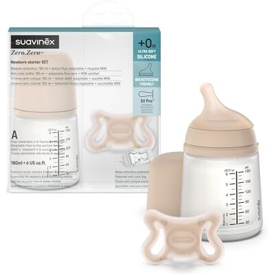 Suavinex , Starter Set Zero Zero Anti-koliek fles 180 ml met speciale speen voor borstvoeding + Zero Zero fopspeen voor geboorte, mini-maat (-2 tot 2 maanden) met symmetrische speen SX Pro, Light Suavinex , Starter Set Zero Zero Anti-koliek fles 180 ml met speciale speen voor borstvoeding + Zero Zero fopspeen voor geboorte, mini-maat (-2 tot 2 maanden) met symmetrische speen SX Pro, Light