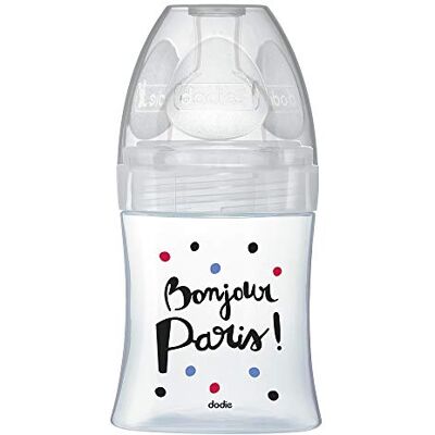 Dodie Sensation Anti-koliek fles + glas, Parijs, 150 ml, 0-6 maanden, platte speen, debiet 1 Dodie Sensation Anti-koliek fles + glas, Parijs, 150 ml, 0-6 maanden, platte speen, debiet 1