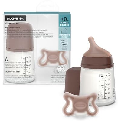Suavinex , Starter Set Zero Zero Anti-koliek fles 180 ml met speciale speen voor borstvoeding + Zero Zero fopspeen voor geboorte, mini-maat (-2 tot 2 maanden) met symmetrische speen SX Pro, Deep Suavinex , Starter Set Zero Zero Anti-koliek fles 180 ml met speciale speen voor borstvoeding + Zero Zero fopspeen voor geboorte, mini-maat (-2 tot 2 maanden) met symmetrische speen SX Pro, Deep