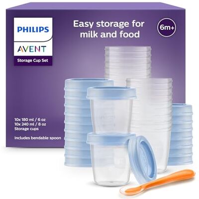AVENT Philips voorraadpotten 10 x 180 ml en 10 x 240 ml met bijbehorend deksel en babylepel (model SCF721/20) AVENT Philips voorraadpotten 10 x 180 ml en 10 x 240 ml met bijbehorend deksel en babylepel (model SCF721/20)