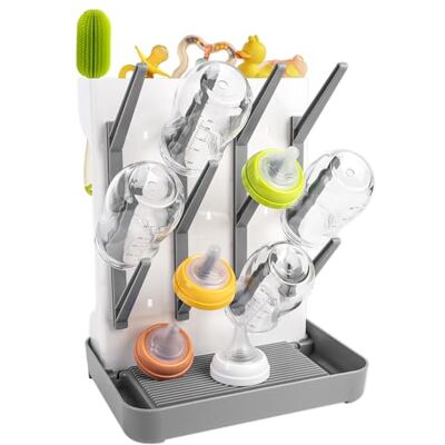 RUACDIQ Droogrek voor flessen, verticaal, ruimtebesparend, flessendroogrek met lekbak, voor flessen, fopspenen, babyaccessoires (grijs) RUACDIQ Droogrek voor flessen, verticaal, ruimtebesparend, flessendroogrek met lekbak, voor flessen, fopspenen, babyaccessoires (grijs)
