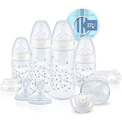 NUK First Choice+ Perfect Start Babyflessenset, originele uitrusting met 4 temperatuurregeling, anti-koliek babyflessen (2 x 150 ml & 2 x 300 ml), flessenborstel & meer, BPA-vrij, 0-6 maanden, wit NUK First Choice+ Perfect Start Babyflessenset, originele uitrusting met 4 temperatuurregeling, anti-koliek babyflessen (2 x 150 ml & 2 x 300 ml), flessenborstel & meer, BPA-vrij, 0-6 maanden, wit