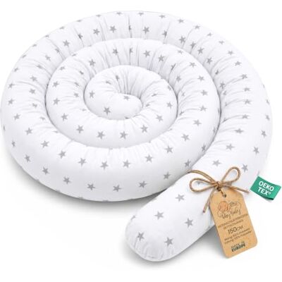 Totsy Baby Serpentijnkussen XXL voedingskussen opgerold bed randbescherming decoratief kussen bedrand slang XL handgemaakt grijze sterren op wit 150 cm Oeko-Tex certificaat Totsy Baby Serpentijnkussen XXL voedingskussen opgerold bed randbescherming decoratief kussen bedrand slang XL handgemaakt grijze sterren op wit 150 cm Oeko-Tex certificaat