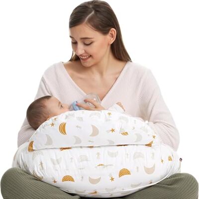 Momcozy Groot voedingskussen met veiligheidsrand, voedings- en ondersteuningskussen, ergonomisch voedingskussen met verstelbare riem en afneembare katoenen overtrek, sterren en maan Momcozy Groot voedingskussen met veiligheidsrand, voedings- en ondersteuningskussen, ergonomisch voedingskussen met verstelbare riem en afneembare katoenen overtrek, sterren en maan