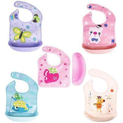 XM-Amigo Set van 5 waterdichte siliconen slabbetjes voor spenen en voeren, met tas in Pelican-babystijl voor meisjes XM-Amigo Set van 5 waterdichte siliconen slabbetjes voor spenen en voeren, met tas in Pelican-babystijl voor meisjes