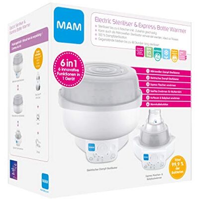 MAM 6in1 Sterilisator en Express Flesverwarmer, stoomsterilisator en flessenverwarmer, incl. 1x Easy Start Anti-Colic flesje (160 ml) en 1x Start fopspeen en 1 tang, grijs MAM 6in1 Sterilisator en Express Flesverwarmer, stoomsterilisator en flessenverwarmer, incl. 1x Easy Start Anti-Colic flesje (160 ml) en 1x Start fopspeen en 1 tang, grijs