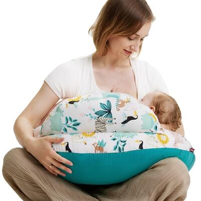 Momcozy Voedingskussen met veiligheidsrand ergonomisch voedings- en positioneringskussen met verstelbare riem en afneembare katoenen hoes, dier en bos Momcozy Voedingskussen met veiligheidsrand ergonomisch voedings- en positioneringskussen met verstelbare riem en afneembare katoenen hoes, dier en bos