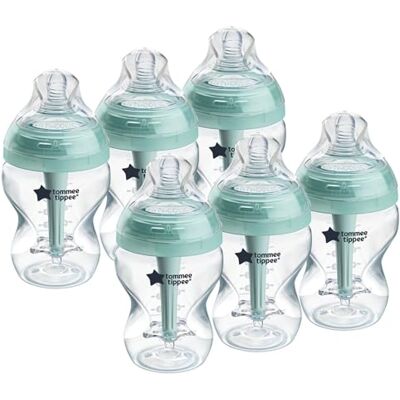 Tommee Tippee Anti-koliek babyflessen, natuurlijk gevormde drinkzuiger en speciaal anti-koliek ontluchtingssysteem, 260 ml, set van 6 Tommee Tippee Anti-koliek babyflessen, natuurlijk gevormde drinkzuiger en speciaal anti-koliek ontluchtingssysteem, 260 ml, set van 6