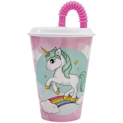 Stor Herbruikbare kinderbeker met deksel en rietje, 430 ml, eenhoorns en regenboog Stor Herbruikbare kinderbeker met deksel en rietje, 430 ml, eenhoorns en regenboog
