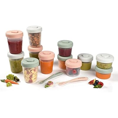 Béaba , Set met 12 bewaarpotjes en 2 siliconen lepels, clip, stapelbare en in elkaar passende potjes, 100% hermetisch, schaalverdeling, vriezer, moedermelk (2 x 90 ml & 4 x 150 ml & 6 x 250 ml), eucalyptus Béaba , Set met 12 bewaarpotjes en 2 siliconen lepels, clip, stapelbare en in elkaar passende potjes, 100% hermetisch, schaalverdeling, vriezer, moedermelk (2 x 90 ml & 4 x 150 ml & 6 x 250 ml), eucalyptus