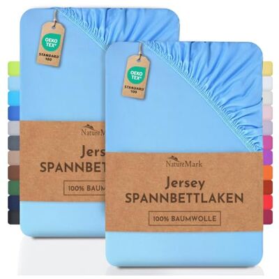 NatureMark Set van 2 jersey hoeslakens, katoen, jersey, gecertificeerd volgens Öko-Tex Standaard 100 "textielvertrouwen", katoen, lichtblauw, set van 2, 90 x 200 100 x 200 cm NatureMark Set van 2 jersey hoeslakens, katoen, jersey, gecertificeerd volgens Öko-Tex Standaard 100 "textielvertrouwen", katoen, lichtblauw, set van 2, 90 x 200 100 x 200 cm
