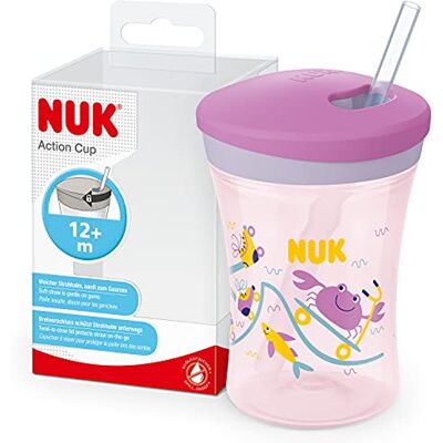 NUK Action Cup beker voor kinderen, 12 maanden, zacht rietje met vlechtsluiting, lekvrij en wasbaar, BPA-vrij, 230 ml, paarse krabben NUK Action Cup beker voor kinderen, 12 maanden, zacht rietje met vlechtsluiting, lekvrij en wasbaar, BPA-vrij, 230 ml, paarse krabben