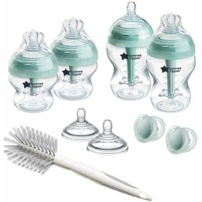 Tommee Tippee babyflessen, geavanceerde anti-koliek pasgeboren set, 4 x flessen met 2 x spenen met gemiddelde doorstroming, anti-koliek ventilatieslang Tommee Tippee babyflessen, geavanceerde anti-koliek pasgeboren set, 4 x flessen met 2 x spenen met gemiddelde doorstroming, anti-koliek ventilatieslang