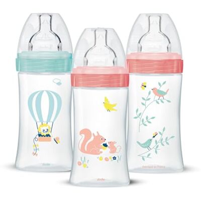 Dodie Set van 3 Sensation+ anti-koliek babyflessen, meisjes, 270 ml, 0-6 maanden, platte speen, debiet 2 Dodie Set van 3 Sensation+ anti-koliek babyflessen, meisjes, 270 ml, 0-6 maanden, platte speen, debiet 2