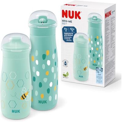 NUK Mini-Me kinderbekerset, sip & flip kopjes, 9-12+ maanden, 300 ml en 500 ml, kinderflessen, lekvrije gematigde tuit en rietje, onbreekbaar, mint dots & Bee NUK Mini-Me kinderbekerset, sip & flip kopjes, 9-12+ maanden, 300 ml en 500 ml, kinderflessen, lekvrije gematigde tuit en rietje, onbreekbaar, mint dots & Bee