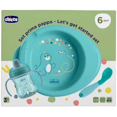 Chicco Lunchset bestaande uit trainingsbeker, eerste lepel, schotel Hot Brew, leeftijd 6 maanden, 0% BPA, lichtblauw Chicco Lunchset bestaande uit trainingsbeker, eerste lepel, schotel Hot Brew, leeftijd 6 maanden, 0% BPA, lichtblauw