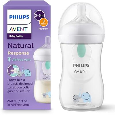 Philips Avent Natural Response Zuigfles 260 ml met AirFree ventiel, BPA-vrij, voor baby's vanaf 1 maand, olifantenmotief (model SCY673/81) Philips Avent Natural Response Zuigfles 260 ml met AirFree ventiel, BPA-vrij, voor baby's vanaf 1 maand, olifantenmotief (model SCY673/81)