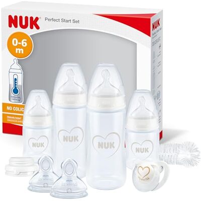 NUK Perfect Start First Choice+ Set van 4 flesjes met temperatuurregeling, fopspenen, flessenborstel, accessoires, BPA-vrij, grijs/wit, 0-6 maanden, 10 stuks NUK Perfect Start First Choice+ Set van 4 flesjes met temperatuurregeling, fopspenen, flessenborstel, accessoires, BPA-vrij, grijs/wit, 0-6 maanden, 10 stuks